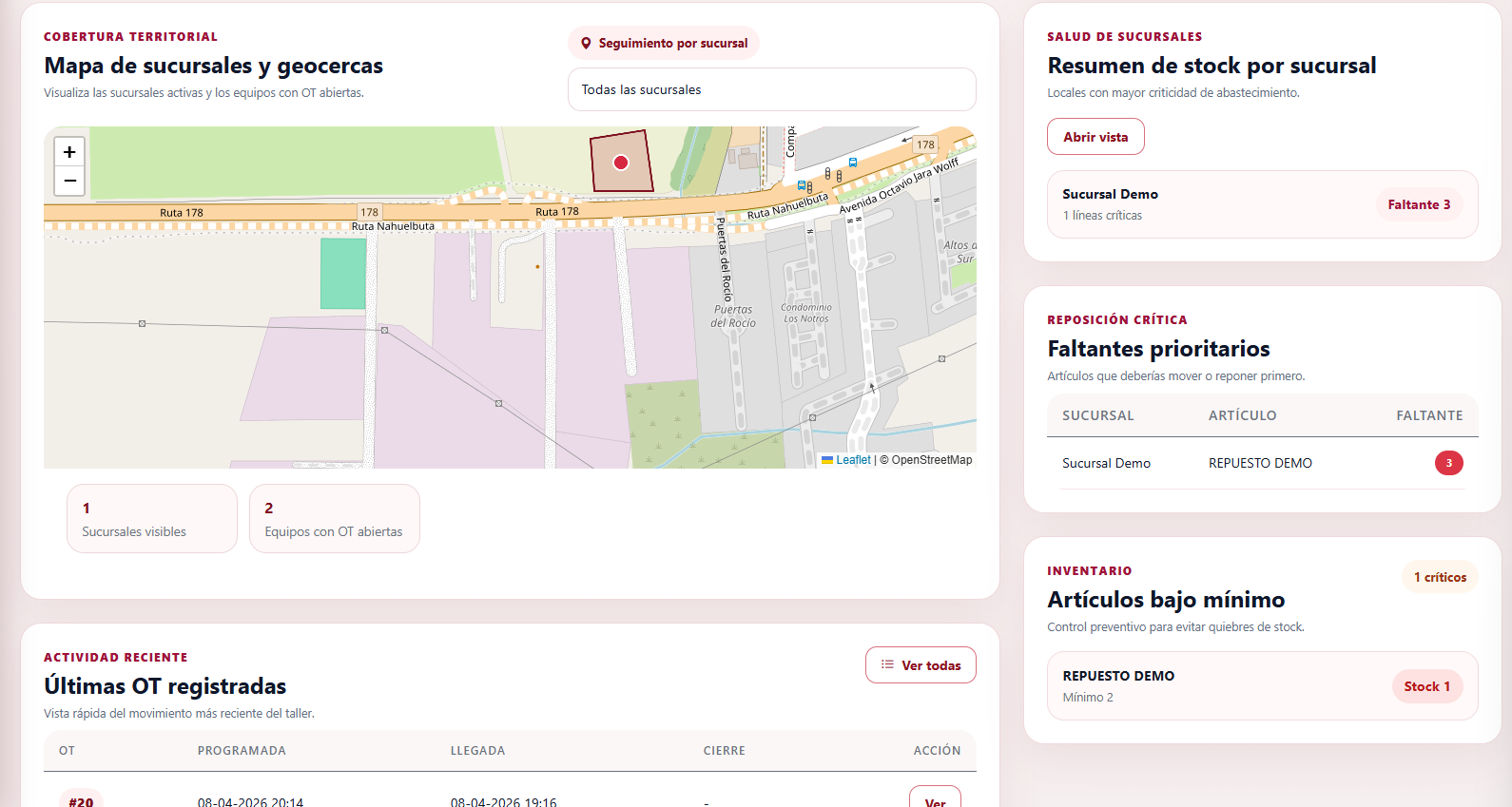 Mapa de sucursales y resumen de stock en TORQUE